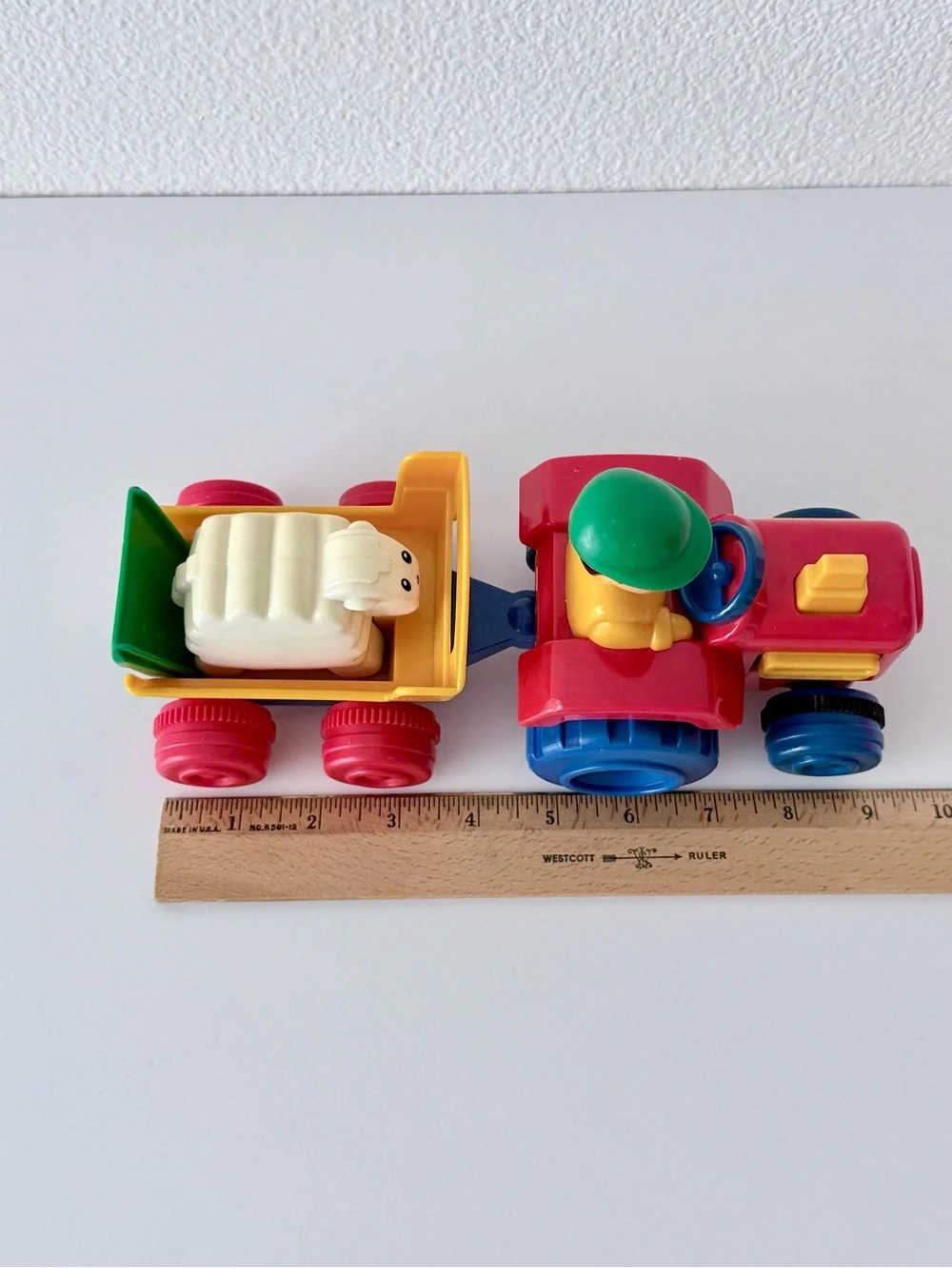 Tomy Pick Up n’ Go Tractor Sheep Trailer Farm Farmer Toy Vintage 1990 Rare Works